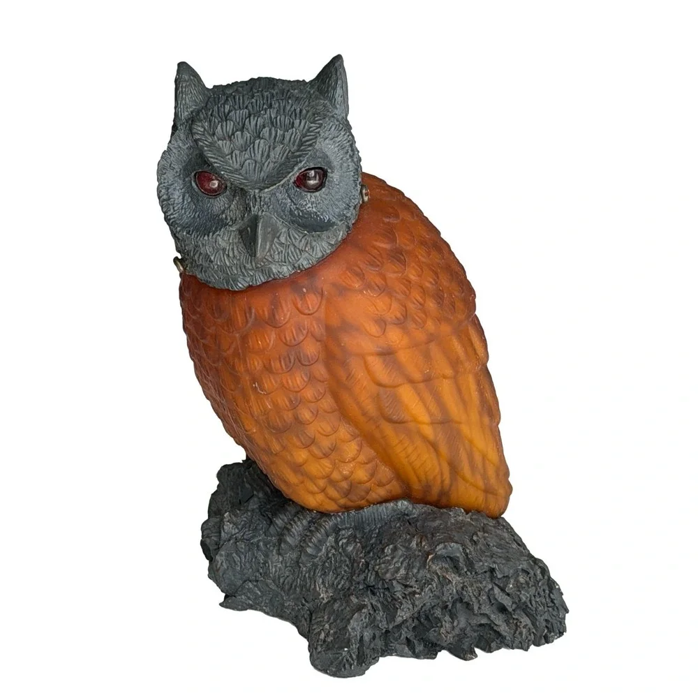 Vintage Lamp Glass Owl with Red Eyes on Resin Base Table Lamp Night Light 8.5